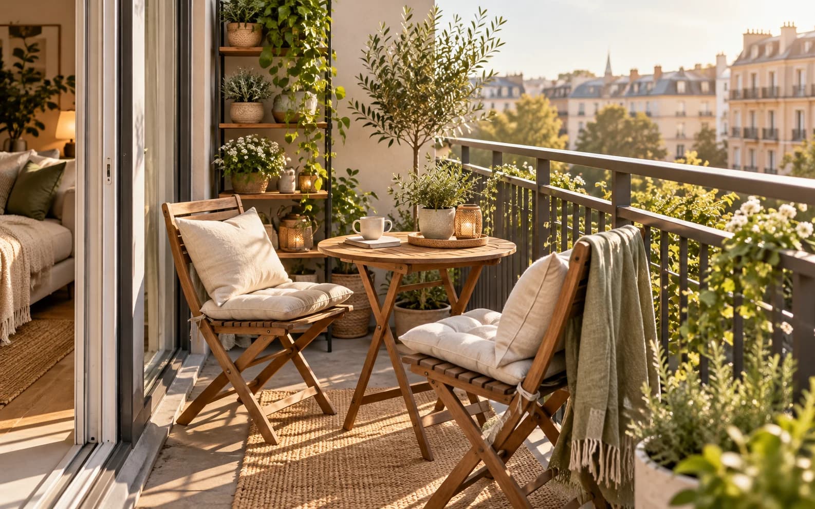 İki katlanır ahşap sandalye, küçük masa ve bitkilerle düzenlenmiş dar balkon